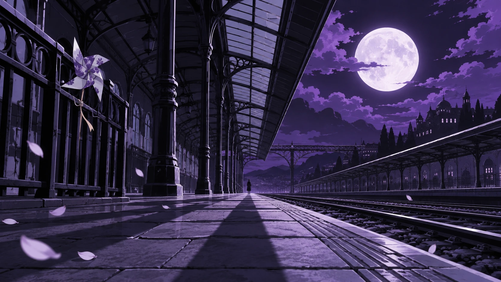 紫色の夜空と月光を背景に、強い遠近感で描かれた駅のアニメーション・コンセプト